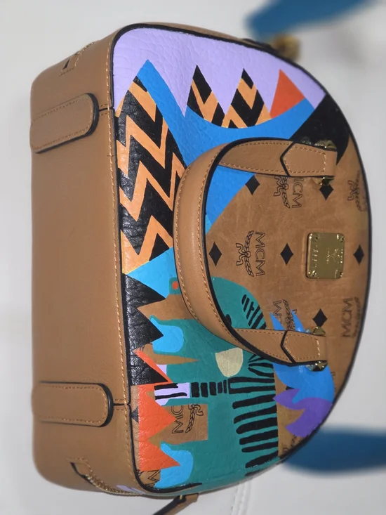 MCM Cognac Leather Dome Satchel with Blue & Teal Artistic Print - Picture 5 of 5